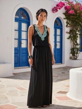 Fresh of LA Black Sleeveless Maxi Dress with Turquoise Beaded Neckline, Size 1X